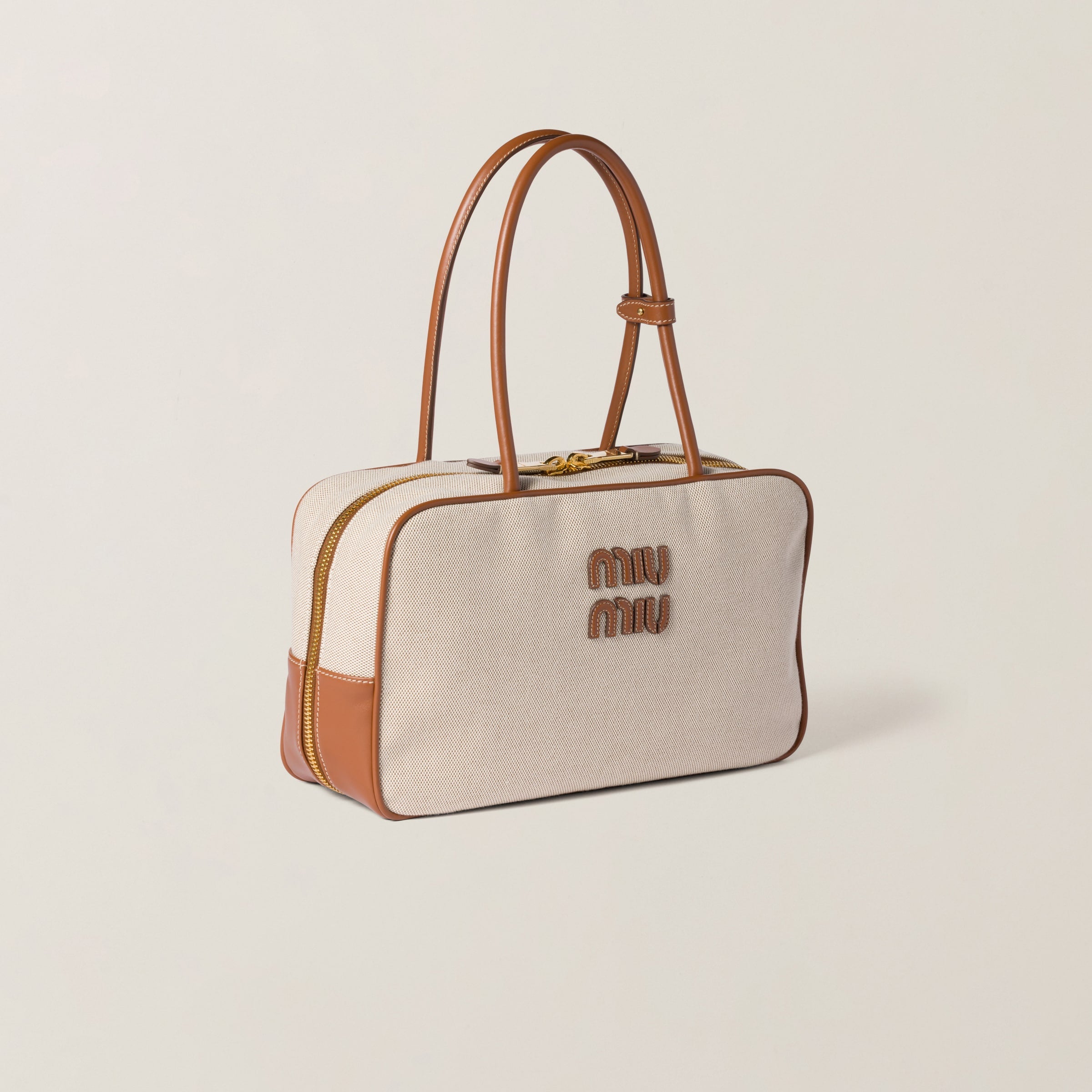 Miu Miu Beige/Brandy Beau Canvas and Leather Bag