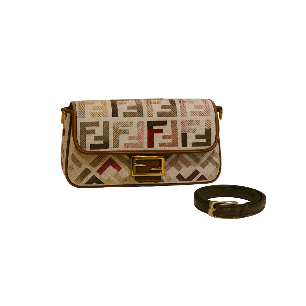 Fendi Baguette Bag in Multicolor FF Canvas with Light Brown Leather Trim and Gold Hardware 26 cm
