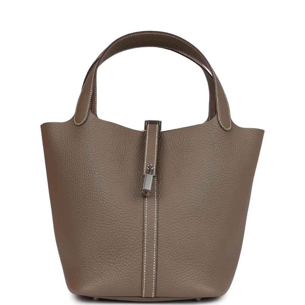 Hermes Picotin Style Bucket Bag in Etoupe Grained Leather with Silver Lock