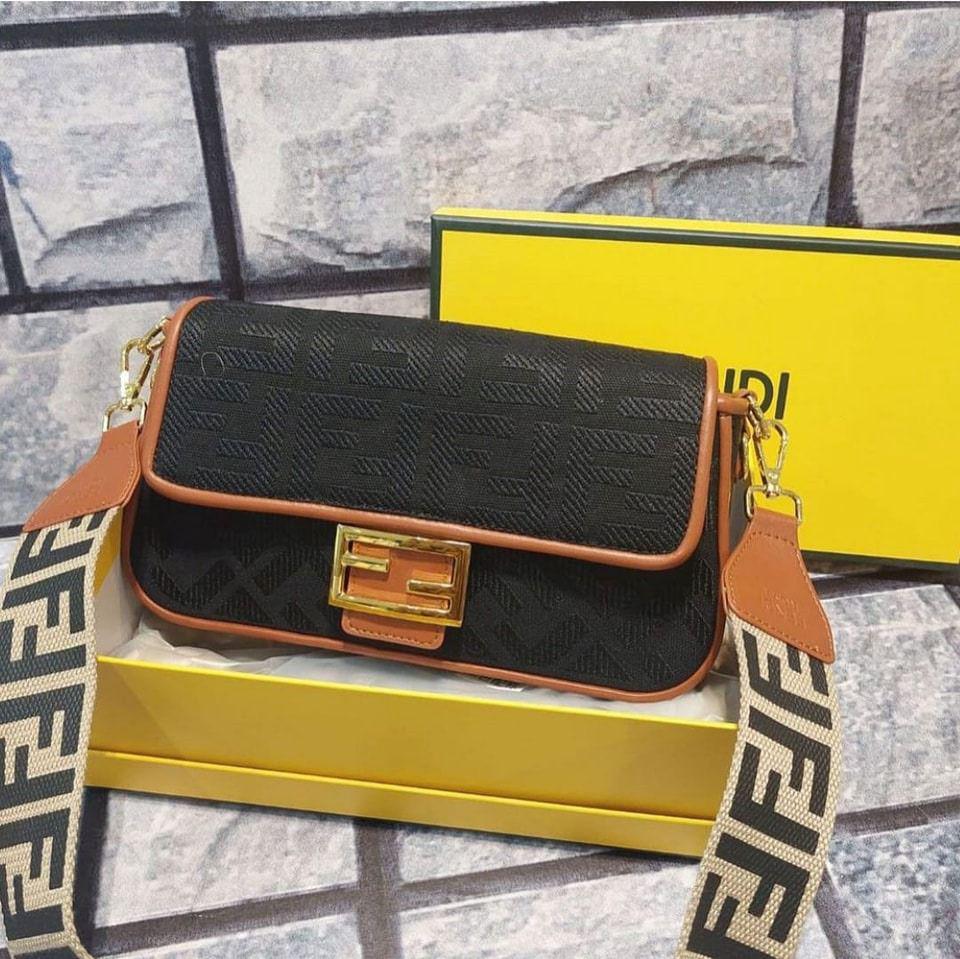 Fendi Baguette Bag in Black FF Canvas with Light Brown Leather Trim and Gold Hardware 26 cm