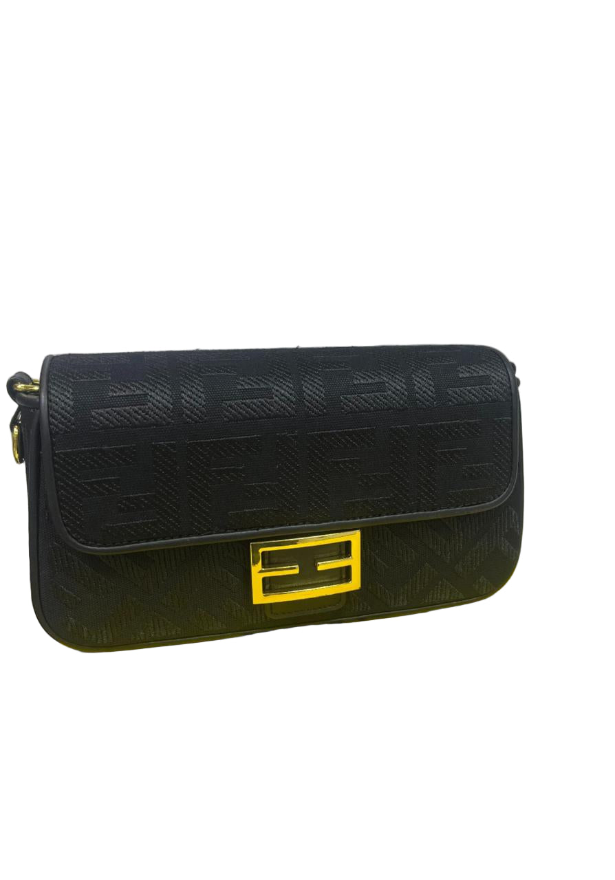 Fendi Baguette Bag in Black FF Canvas with Gold Hardware 26 cm