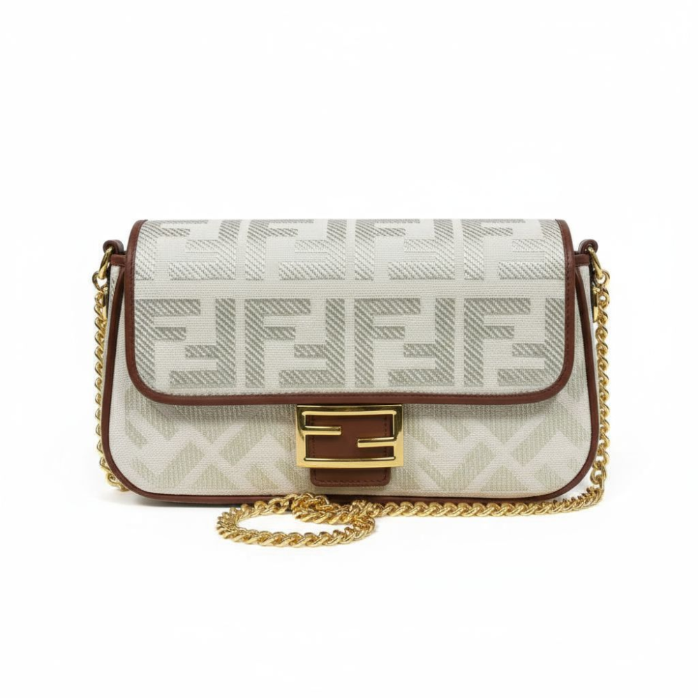 Fendi Baguette Bag in Off White FF Canvas with Light Brown Leather Trim and Gold Hardware 26 cm