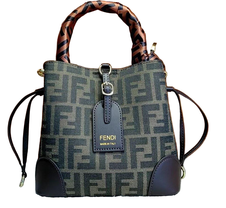 Fendi Monogram Bucket Bag – Brown Canvas with Dark Leather Trim 21 cm
