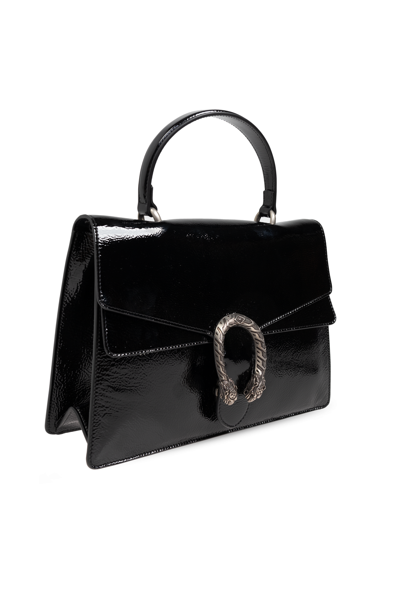 Gucci Dionysus Medium Black Glossy Leather Shoulder Bag with Silver Tiger Head Closure
