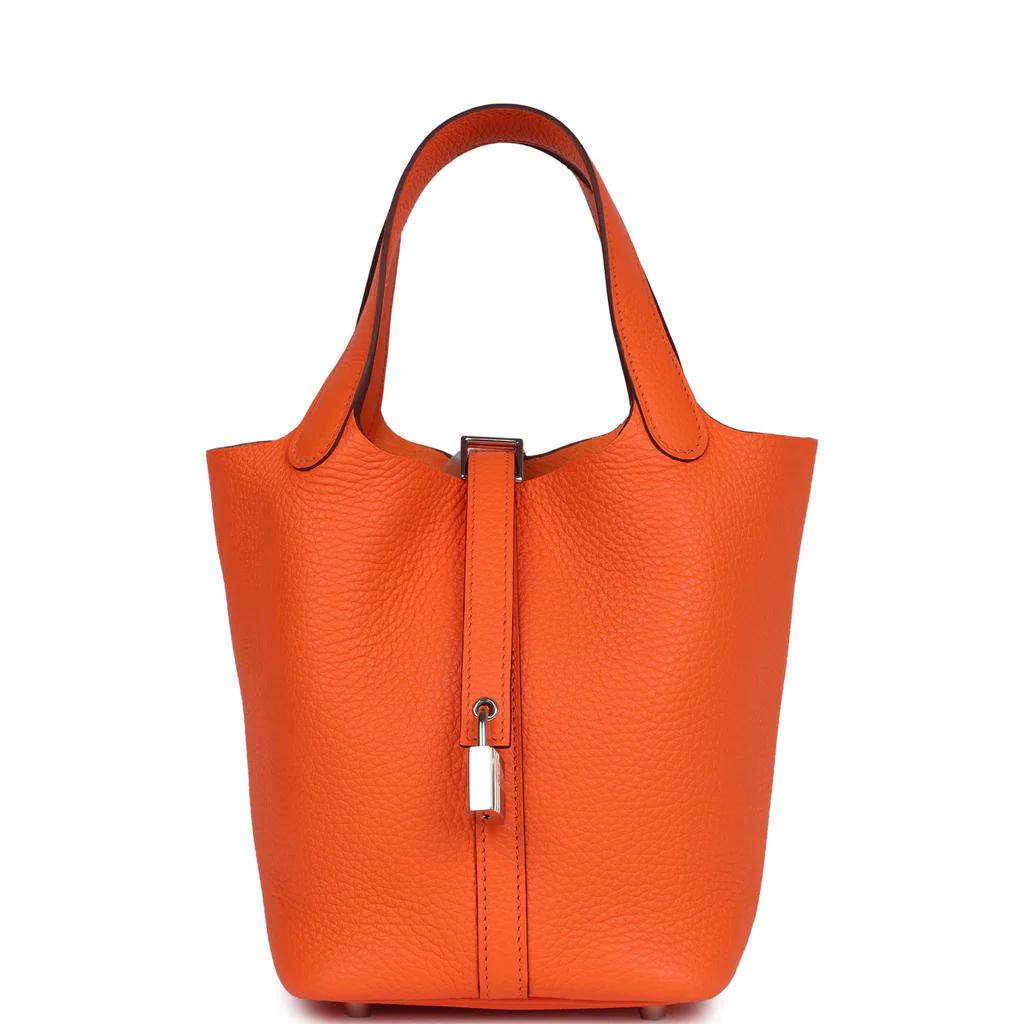 Hermes Picotin Style Bucket Bag in orange Grained Leather with Silver Lock