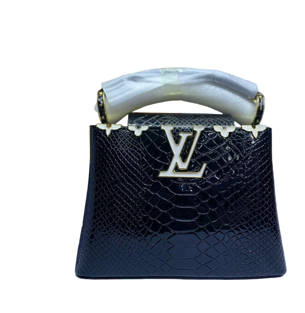 Louis Vuitton Capucines Mini Bag in Black Glossy Snake-Embossed Leather with Gold Hardware 21 cm