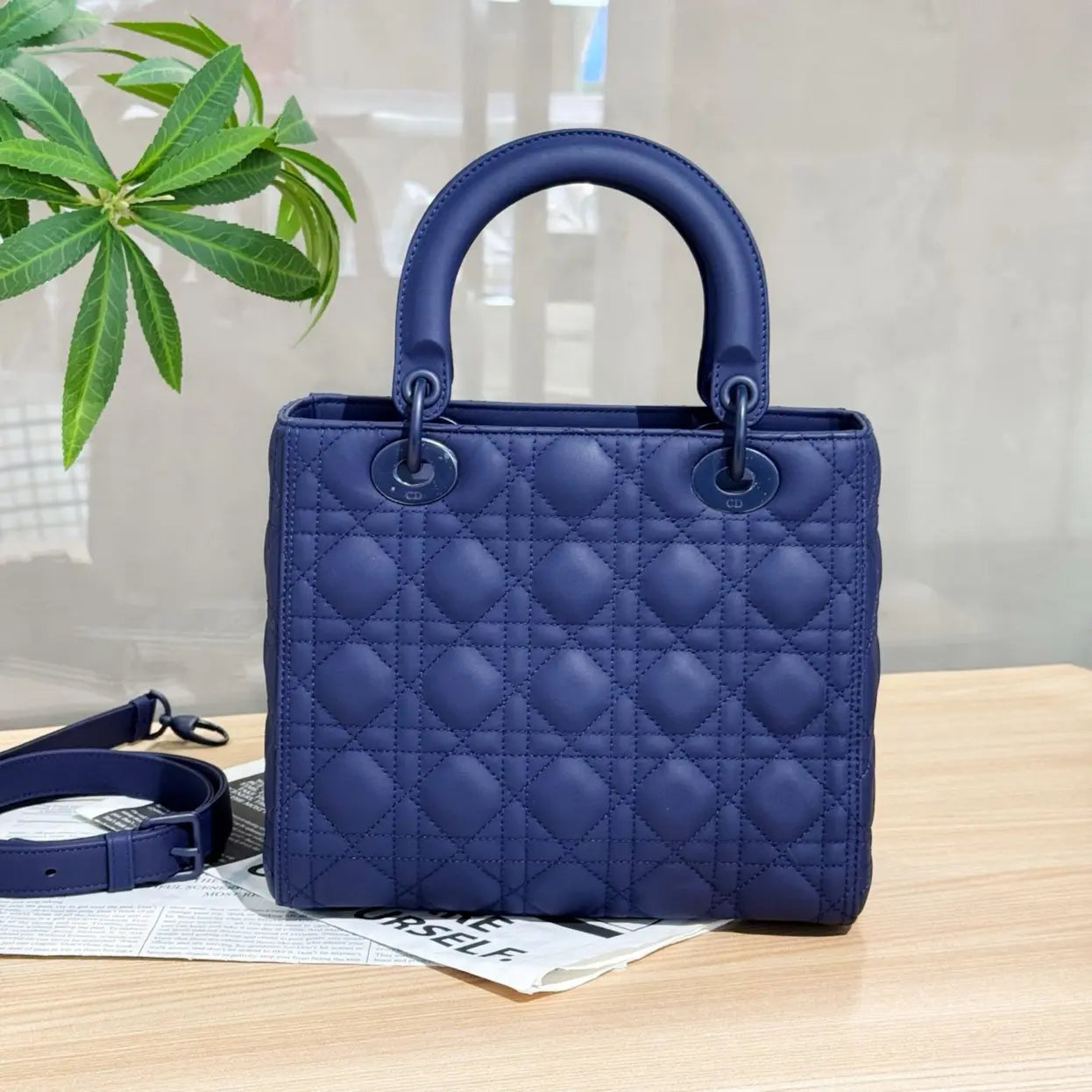 Dior Lady Dior Medium Bag in Matte Blue Cannage Calfskin with Black Hardware 20 cm