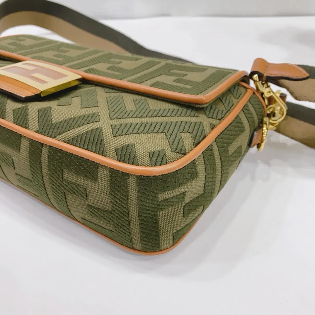 Fendi Baguette Bag in Olive Green FF Canvas with Light Brown Leather Trim and Gold Hardware 26 cm