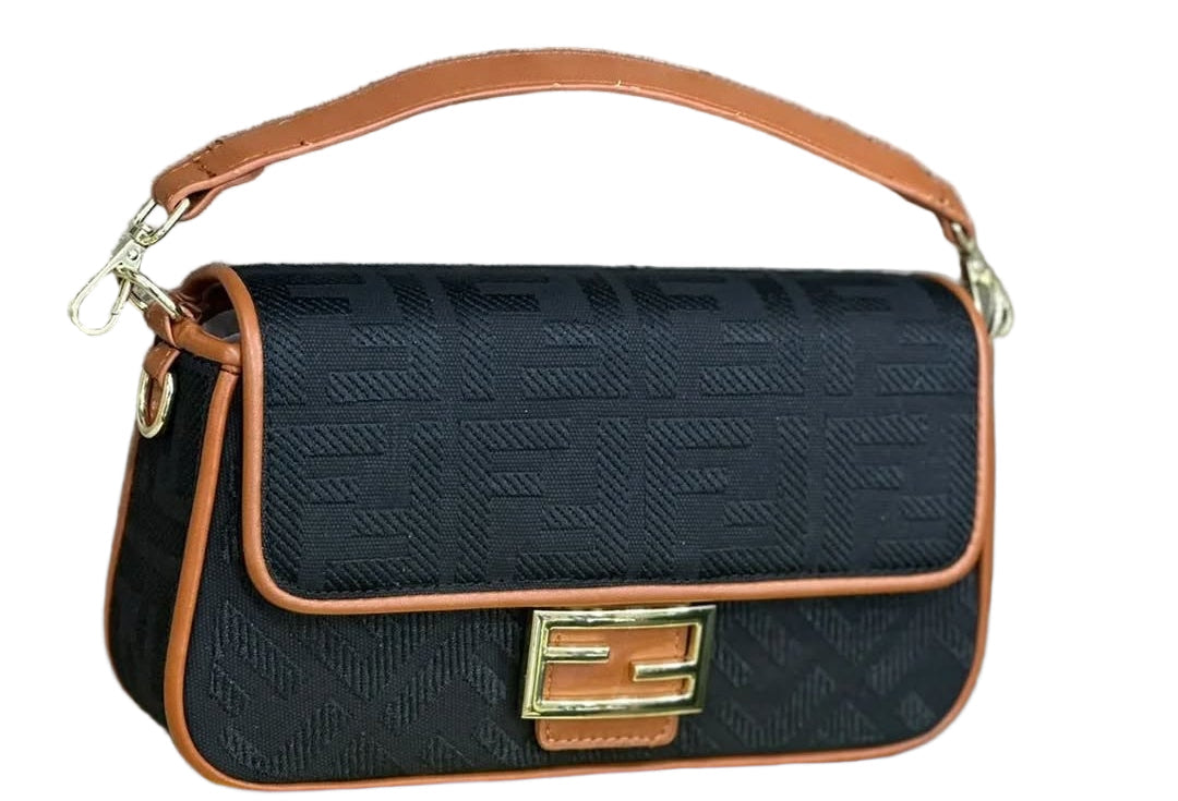 Fendi Baguette Bag in Black FF Canvas with Light Brown Leather Trim and Gold Hardware 26 cm