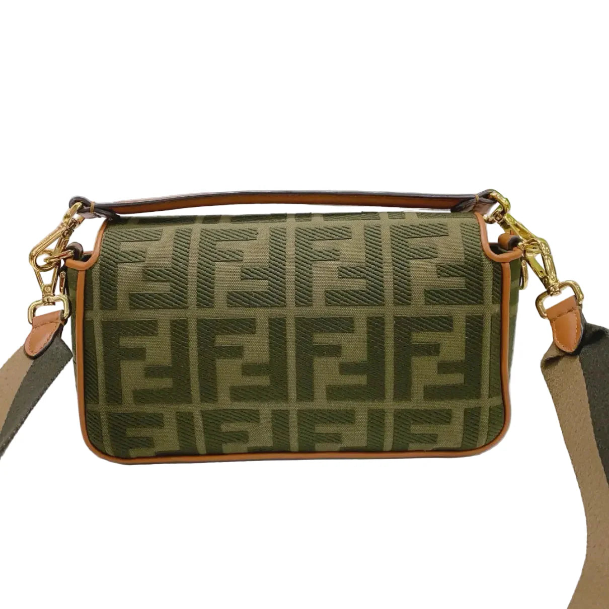 Fendi Baguette Bag in Olive Green FF Canvas with Light Brown Leather Trim and Gold Hardware 26 cm