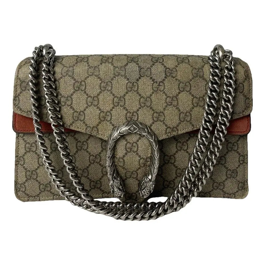 Gucci Dionysus GG Supreme Small Shoulder Bag in Beige/Brown Canvas with Cognac Leather Details and Antique Silver Chain 25 cm