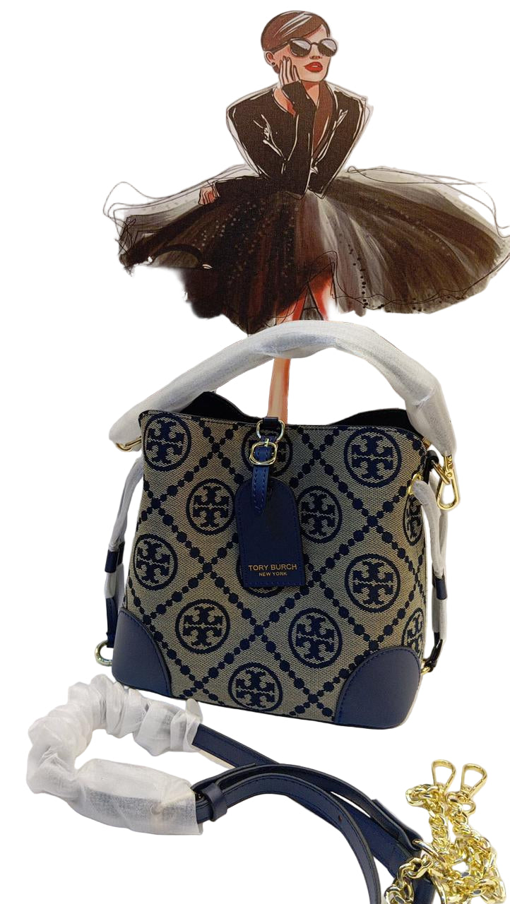 Tory Burch T Monogram handbag blue washed denim jacquard