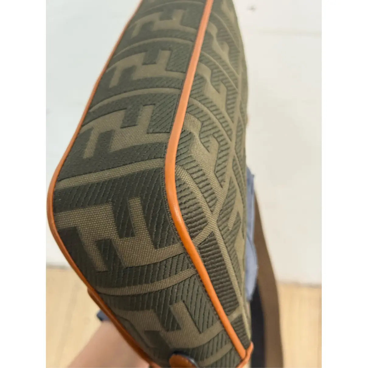 Fendi Baguette Bag in Olive Green FF Canvas with Light Brown Leather Trim and Gold Hardware 26 cm