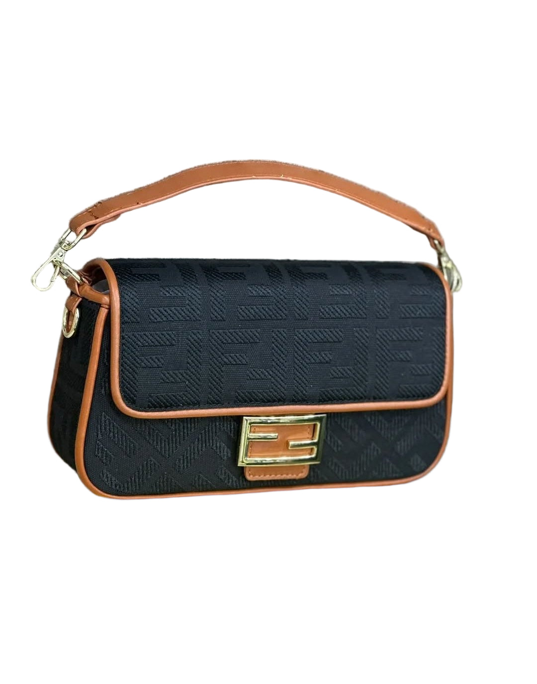 Fendi Baguette Bag in Black FF Canvas with Light Brown Leather Trim and Gold Hardware 26 cm