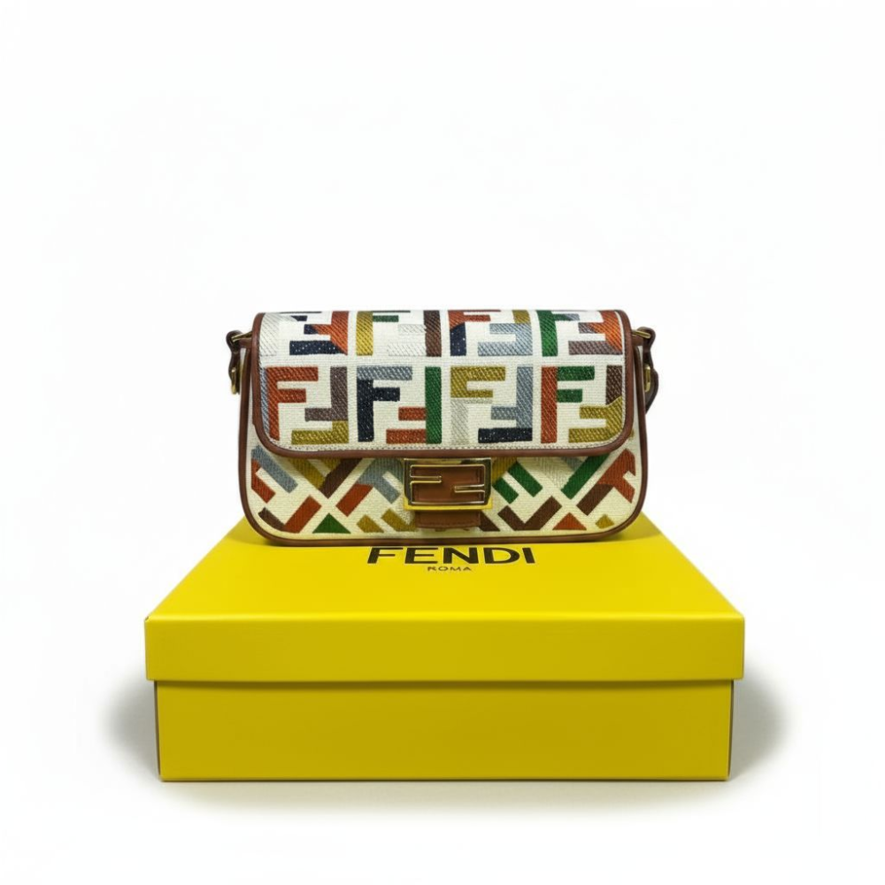 Fendi Baguette Bag in Multicolor FF Canvas with Light Brown Leather Trim and Gold Hardware 26 cm