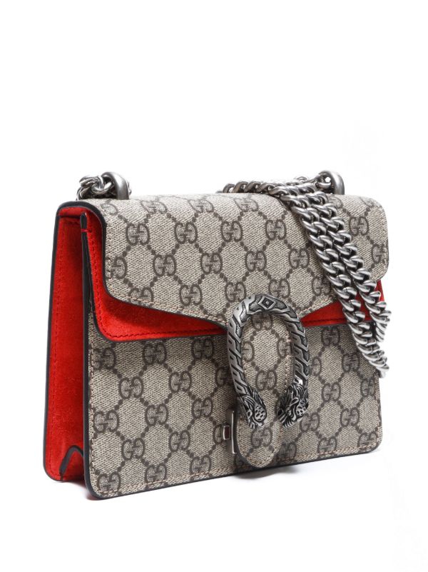 Gucci Dionysus GG Supreme Small Shoulder Bag in Beige/Brown Canvas with Red Leather Details and Antique Silver Chain 25 cm