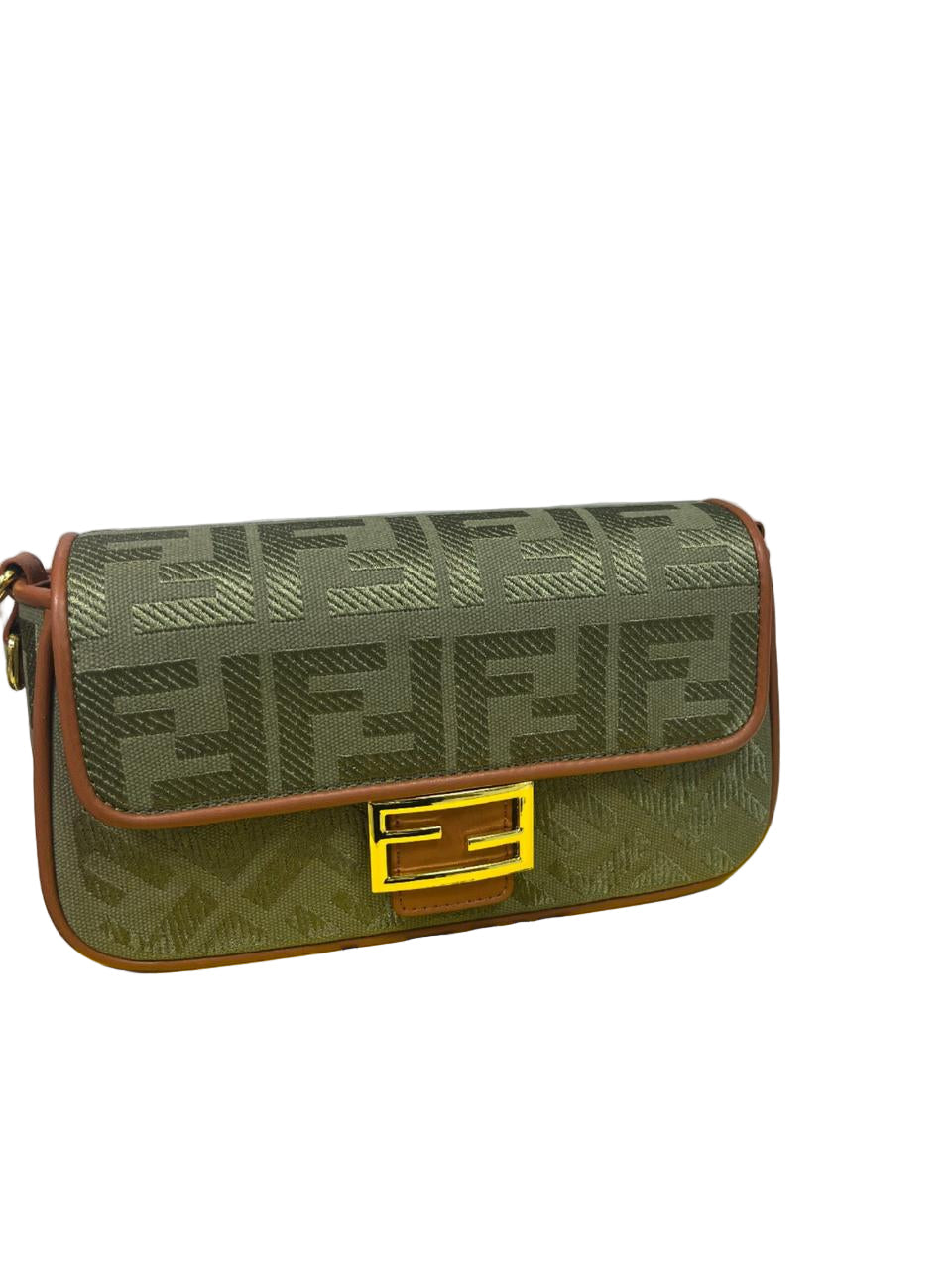Fendi Baguette Bag in Olive Green FF Canvas with Light Brown Leather Trim and Gold Hardware 26 cm