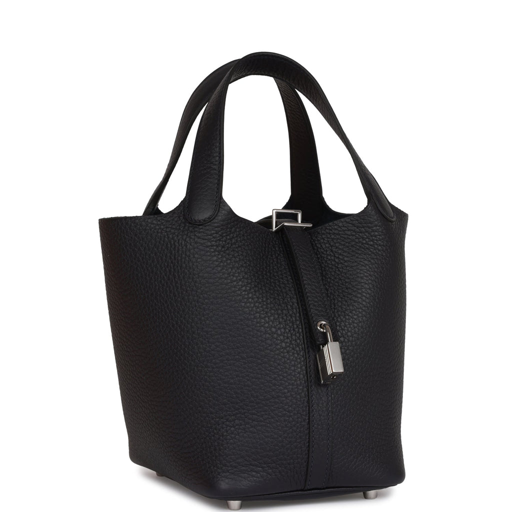Hermes Picotin Style Bucket Bag in Black Grained Leather with Silver Lock