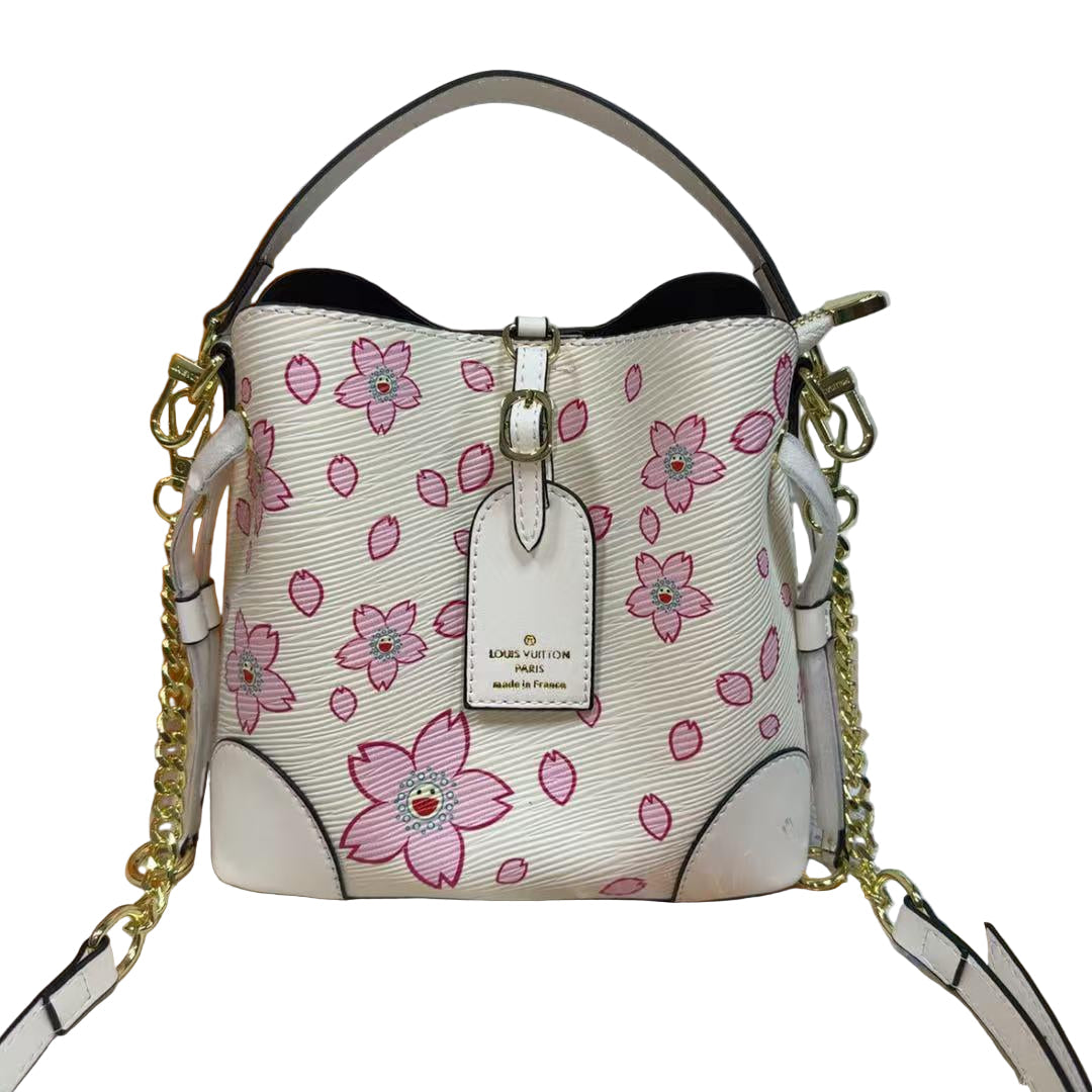 Louis Vuitton Canoé Bucket Bag – White Epi Leather with Pink Cherry Blossom Print 21 cm