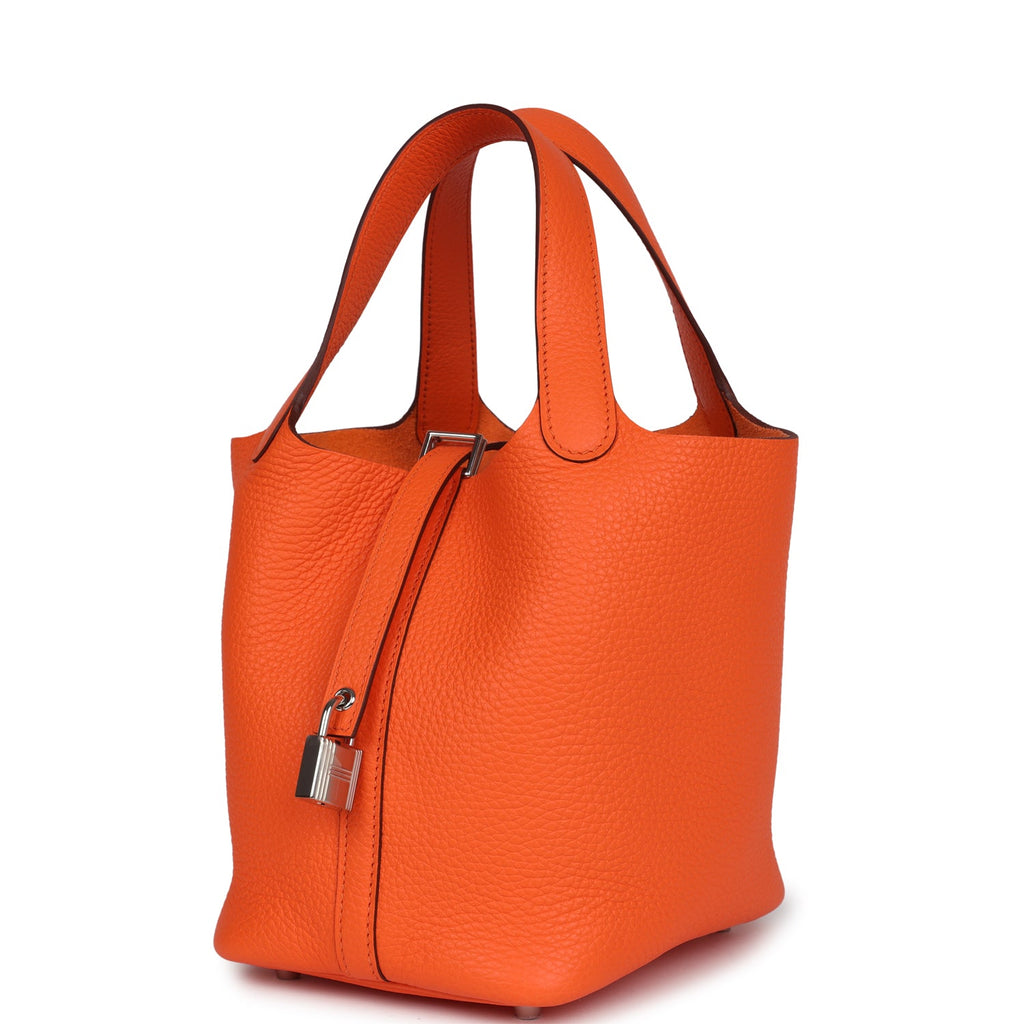 Hermes Picotin Style Bucket Bag in orange Grained Leather with Silver Lock