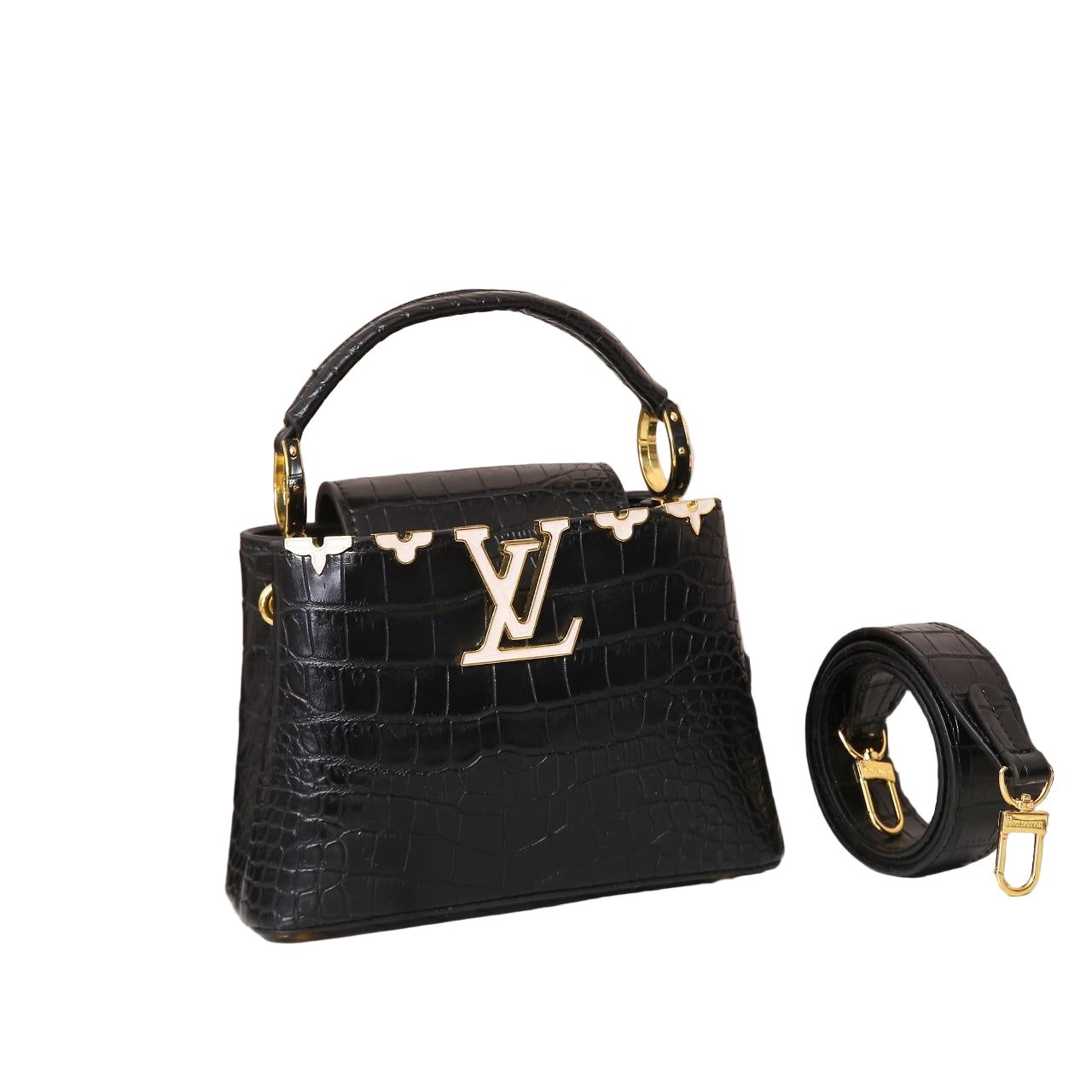 Louis Vuitton Capucines BB in Cognac Black Crocodile-Embossed Leather with Gold Hardware 21 cm