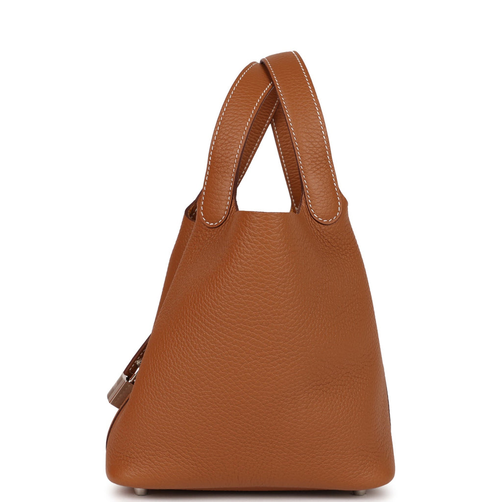 Hermes Picotin Style Bucket Bag in Tan Grained Leather with Silver Lock