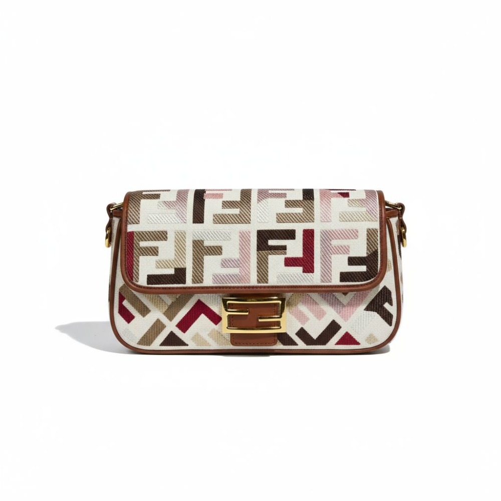 Fendi Baguette Bag in Multicolor FF Canvas with Light Brown Leather Trim and Gold Hardware 26 cm