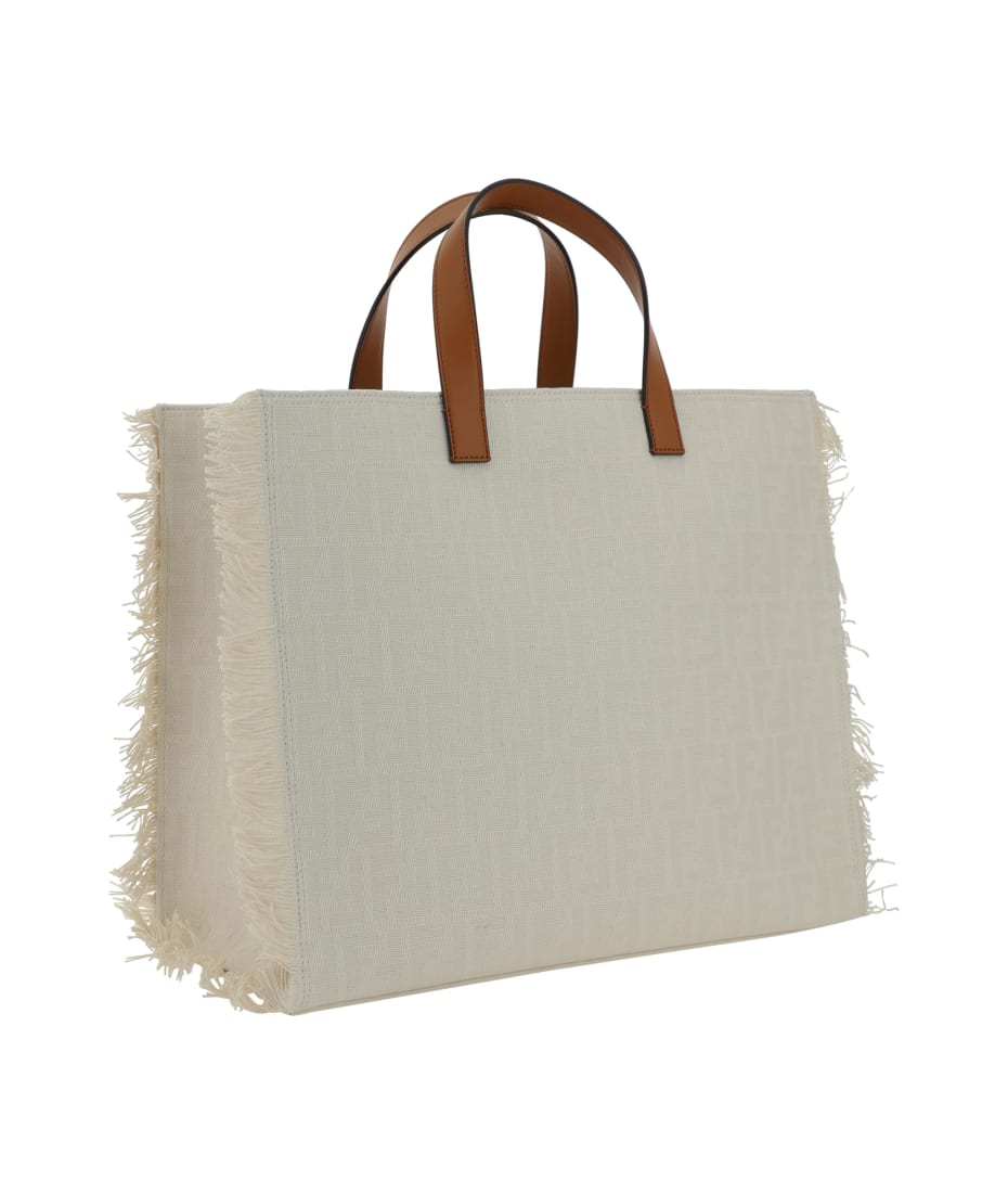 Fendi Sunshine Shopper Tote Bag in Light Beige Fabric with Tan Leather Details and Fringe Trim – 32 cm