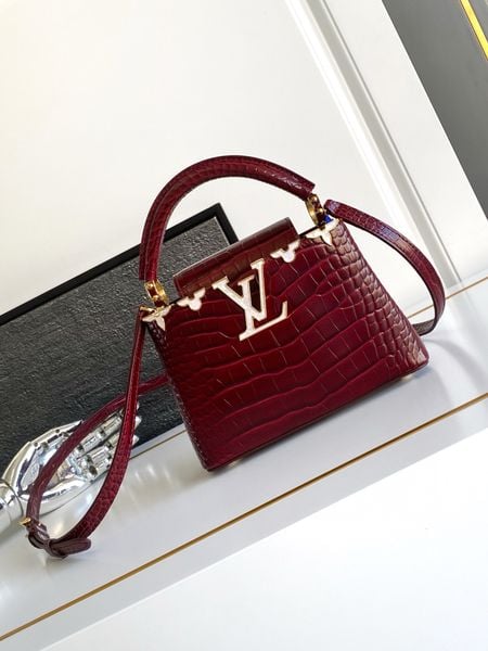 Louis Vuitton Capucines BB in Cognac Burgundy Crocodile-Embossed Leather with Gold Hardware 21 cm
