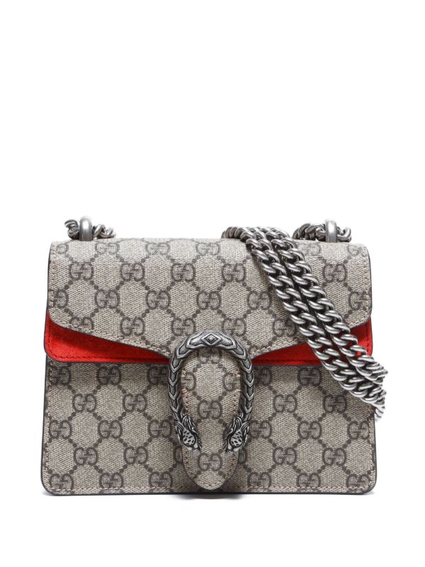 Gucci Dionysus GG Supreme Small Shoulder Bag in Beige/Brown Canvas with Red Leather Details and Antique Silver Chain 25 cm