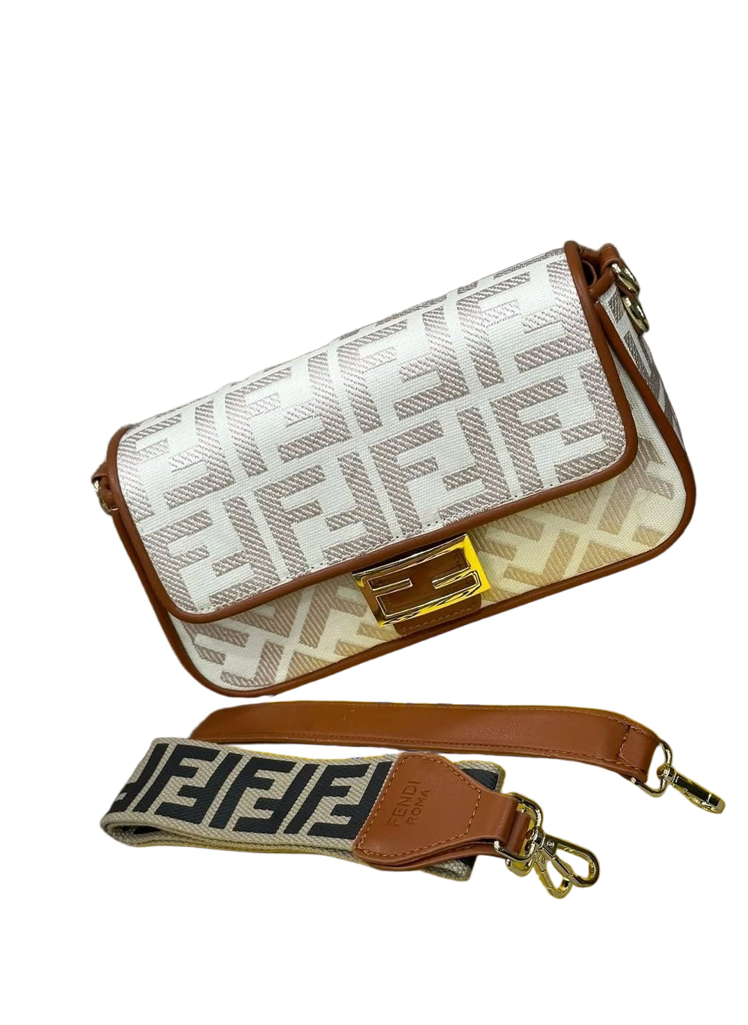 Fendi Baguette Bag in Off White FF Canvas with Light Brown Leather Trim and Gold Hardware 26 cm