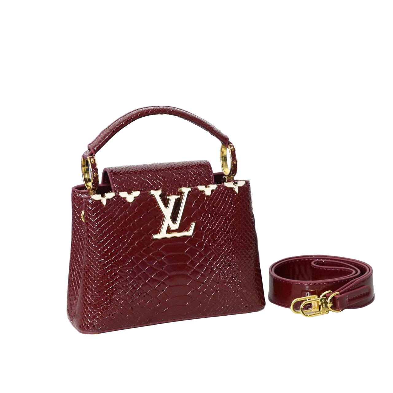 Louis Vuitton Capucines Mini Bag in Burgundy Glossy Snake-Embossed Leather with Gold Hardware 21 cm