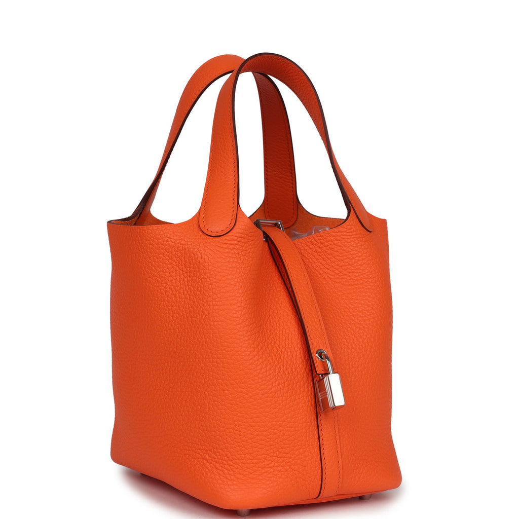 Hermes Picotin Style Bucket Bag in orange Grained Leather with Silver Lock