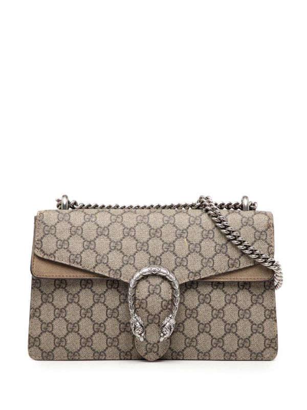 Gucci Dionysus GG Supreme Small Shoulder Bag in Beige/Brown Canvas with beige Leather Details and Antique Silver Chain 25 cm