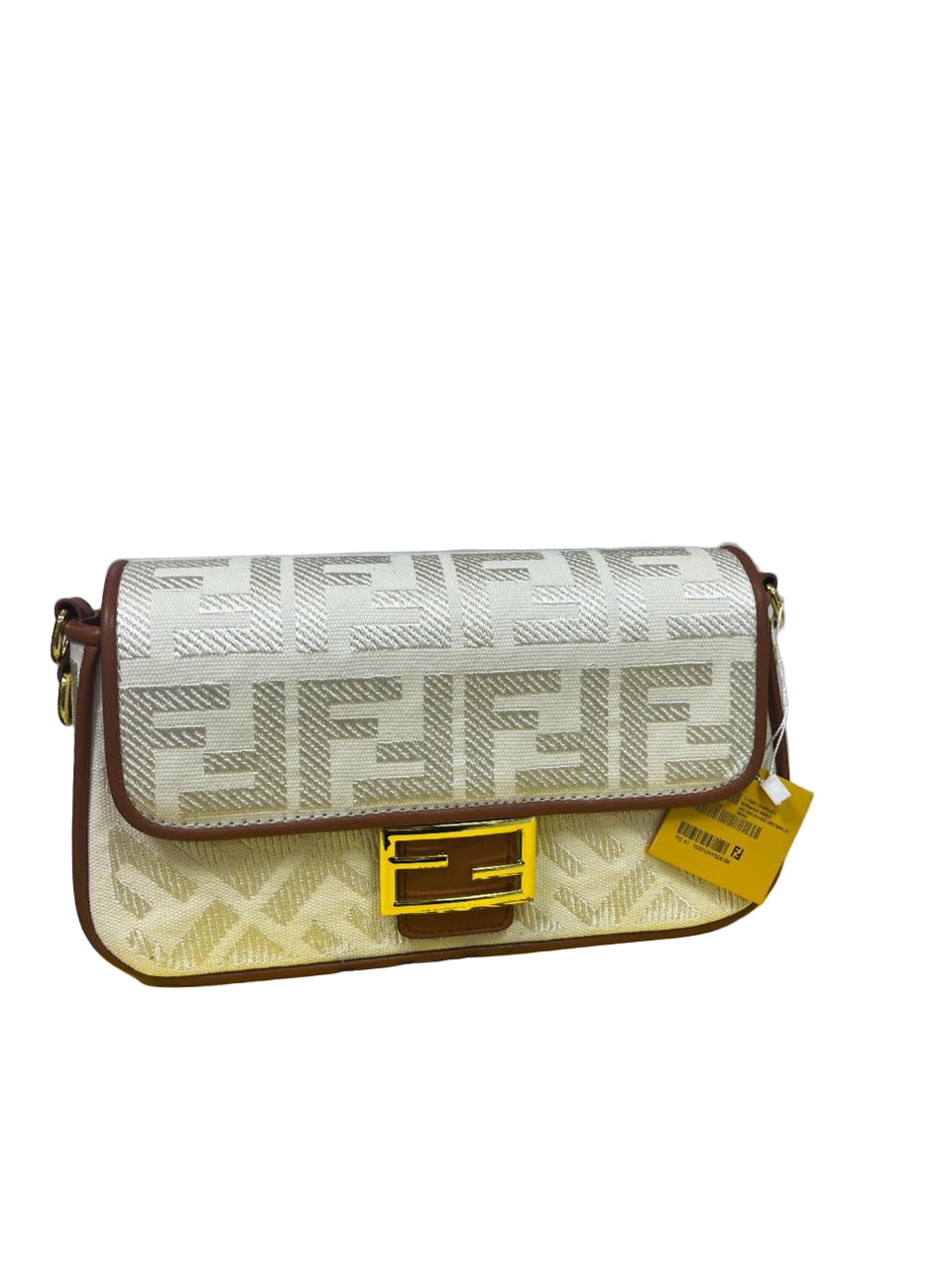 Fendi Baguette Bag in Off White FF Canvas with Light Brown Leather Trim and Gold Hardware 26 cm