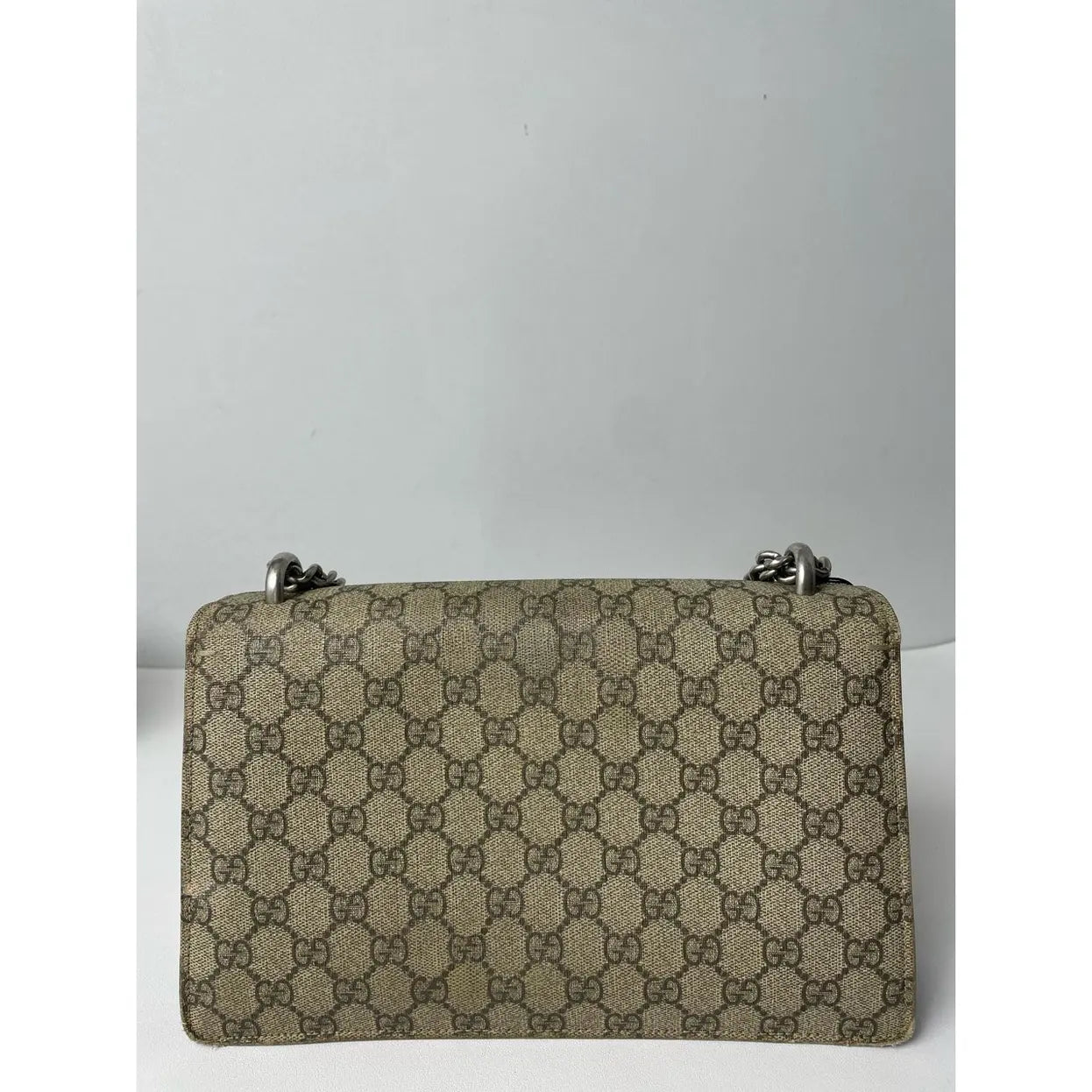 Gucci Dionysus GG Supreme Small Shoulder Bag in Beige/Brown Canvas with Cognac Leather Details and Antique Silver Chain 25 cm