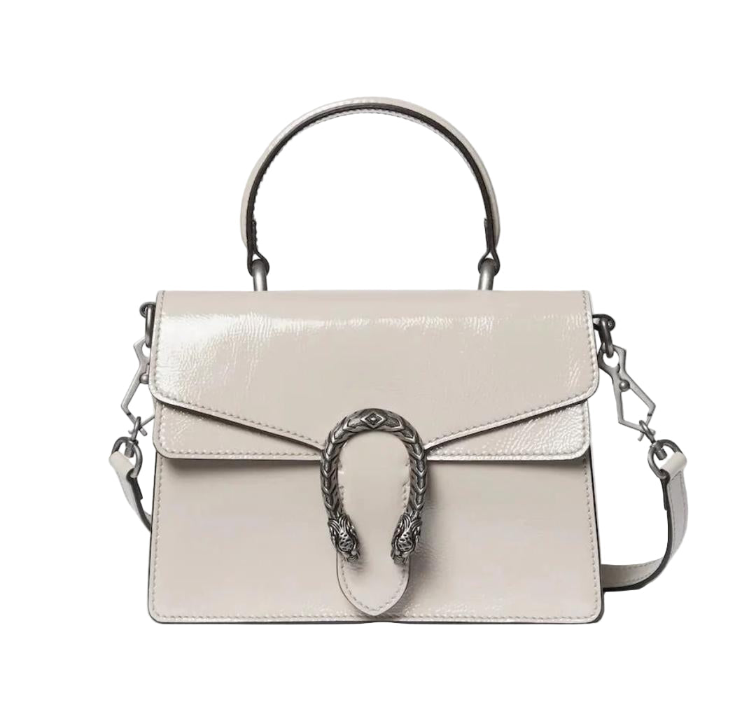 Gucci Dionysus Medium White Glossy Leather Shoulder Bag with Silver Tiger Head Closure