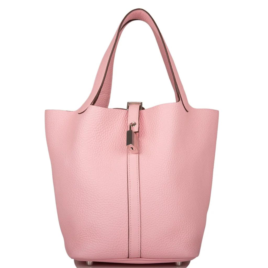 Hermes Picotin Style Bucket Bag in Rose Grained Leather with Silver Lock