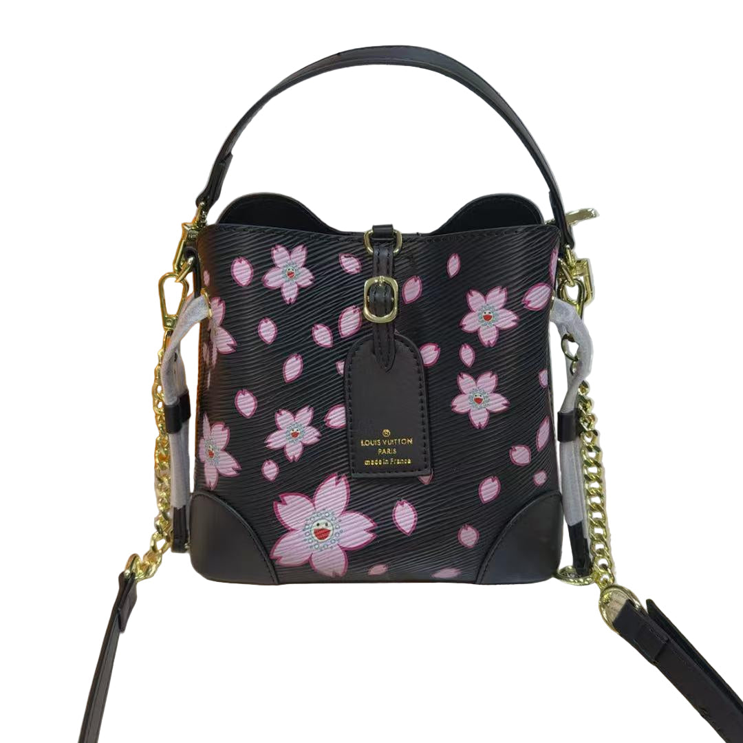Louis Vuitton Canoé Bucket Bag – Black Epi Leather with Pink Cherry Blossom Print 21 cm