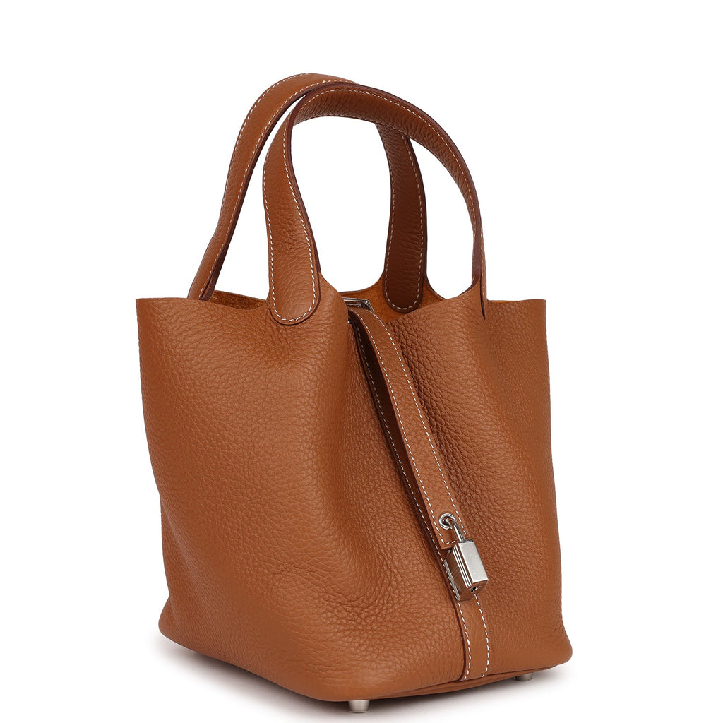 Hermes Picotin Style Bucket Bag in Tan Grained Leather with Silver Lock