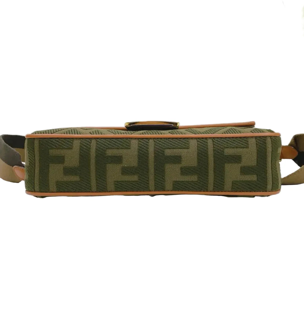 Fendi Baguette Bag in Olive Green FF Canvas with Light Brown Leather Trim and Gold Hardware 26 cm