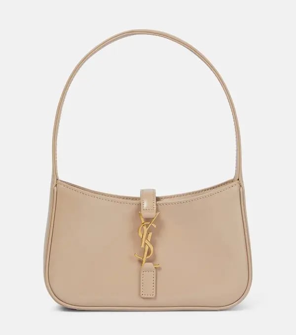 Saint Laurent Le 5 à 7 beige Patent Leather Shoulder Bag with Gold Hardware