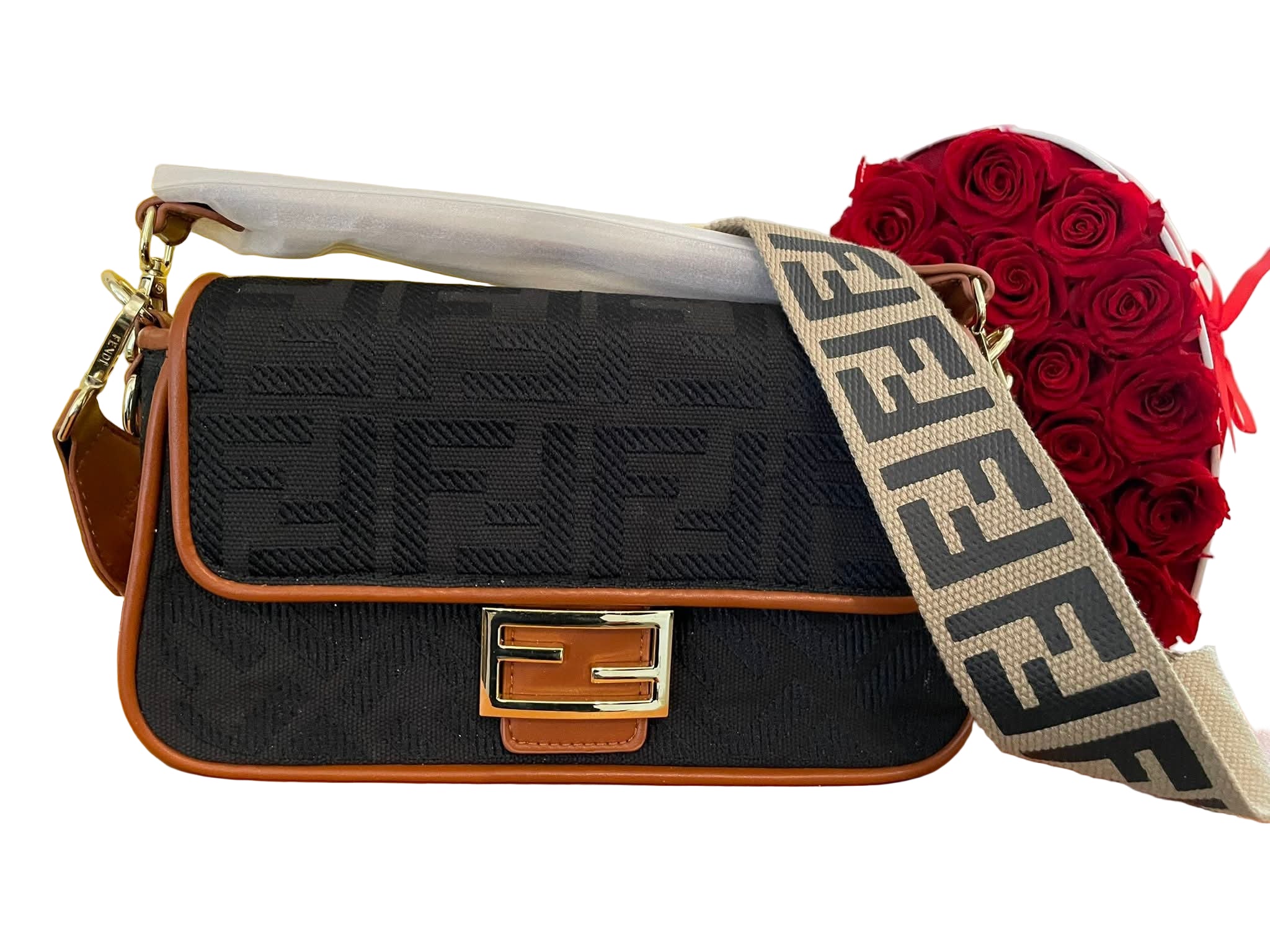 Fendi Baguette Bag in Black FF Canvas with Light Brown Leather Trim and Gold Hardware 26 cm