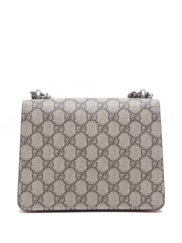 Gucci Dionysus GG Supreme Small Shoulder Bag in Beige/Brown Canvas with Red Leather Details and Antique Silver Chain 25 cm