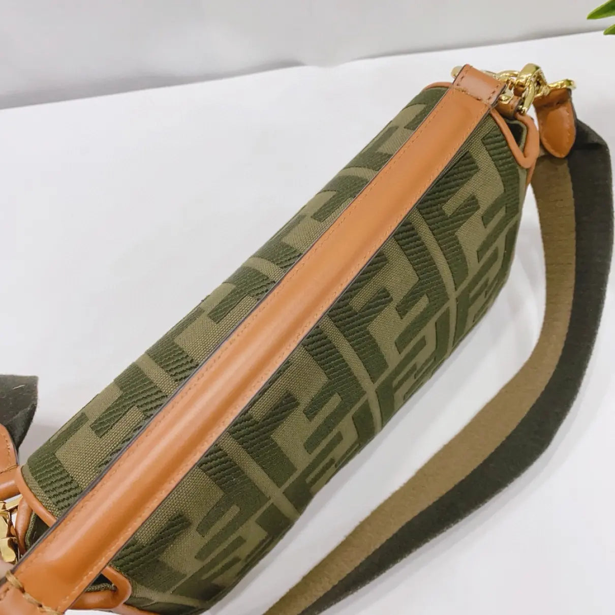 Fendi Baguette Bag in Olive Green FF Canvas with Light Brown Leather Trim and Gold Hardware 26 cm