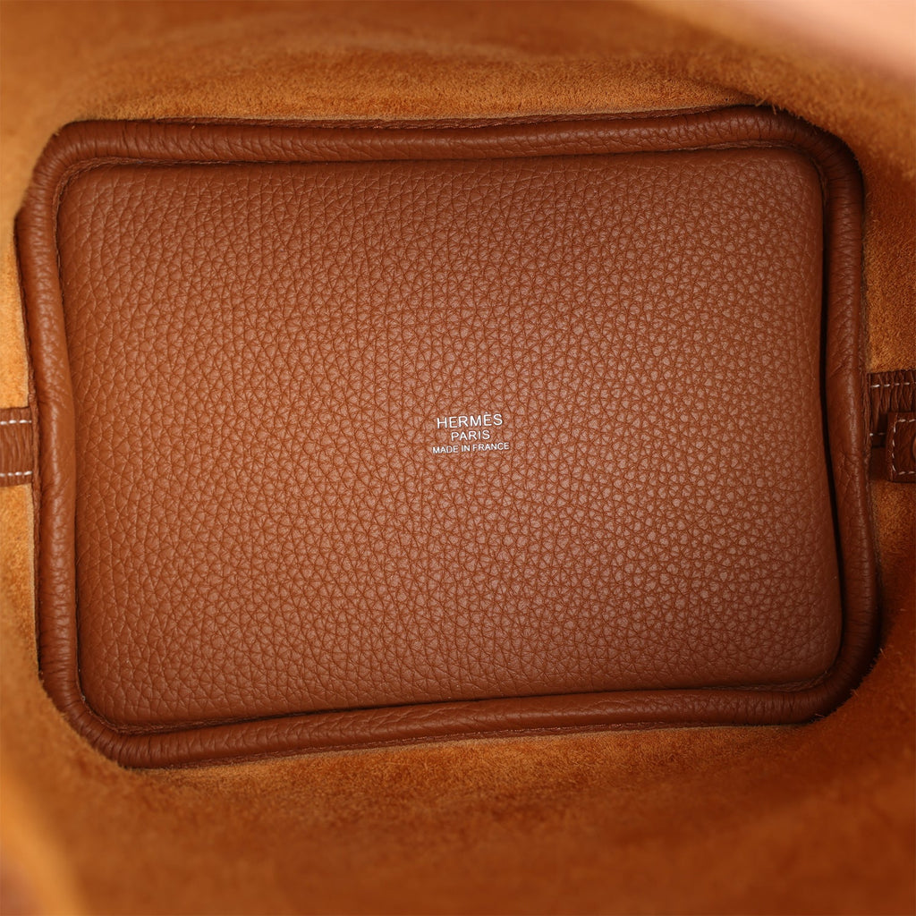 Hermes Picotin Style Bucket Bag in Tan Grained Leather with Silver Lock