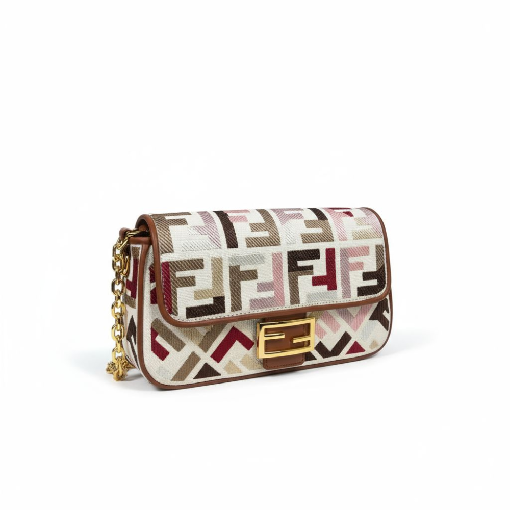 Fendi Baguette Bag in Multicolor FF Canvas with Light Brown Leather Trim and Gold Hardware 26 cm