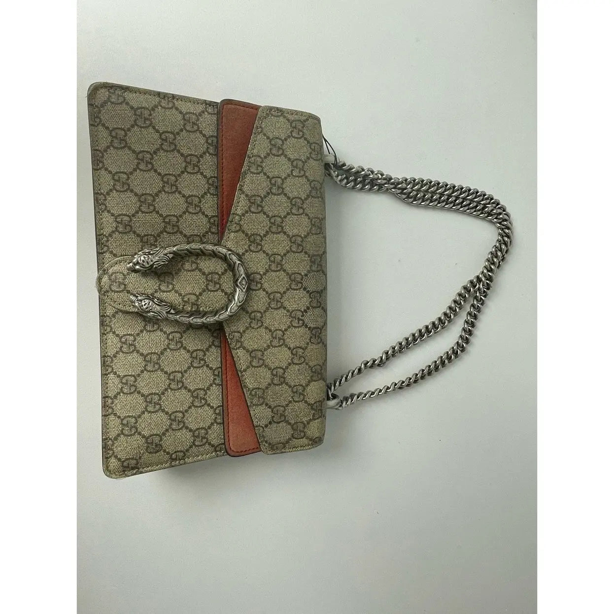Gucci Dionysus GG Supreme Small Shoulder Bag in Beige/Brown Canvas with Cognac Leather Details and Antique Silver Chain 25 cm