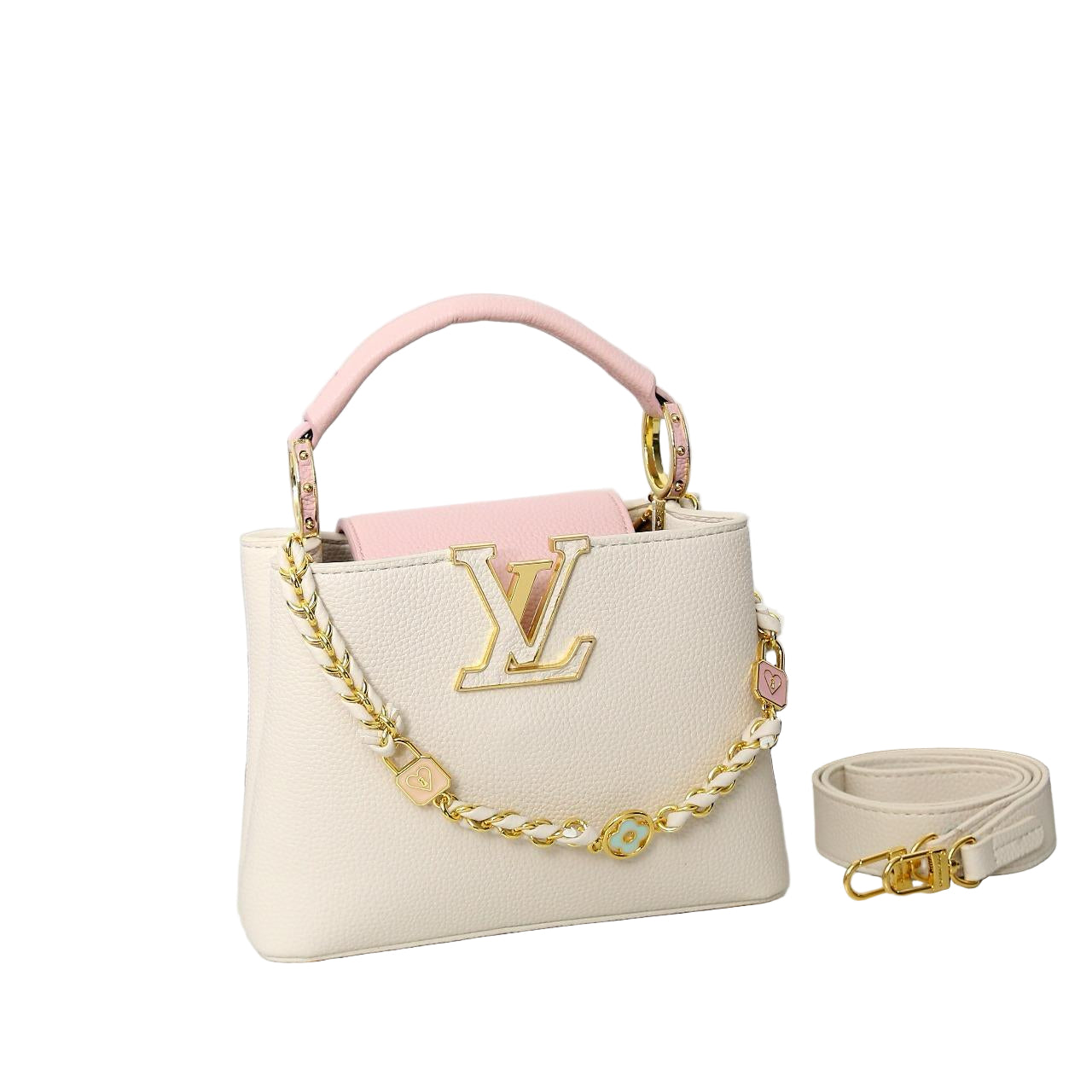 Louis Vuitton Capucines Mini Bag in Cream Grained Leather with Pink Handle and Gold Hardware 22 cm