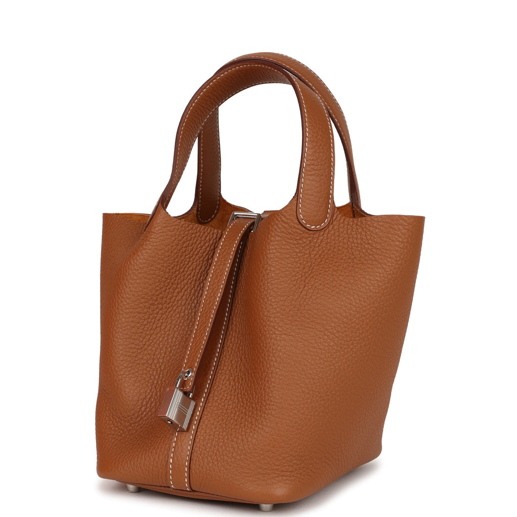 Hermes Picotin Style Bucket Bag in Tan Grained Leather with Silver Lock